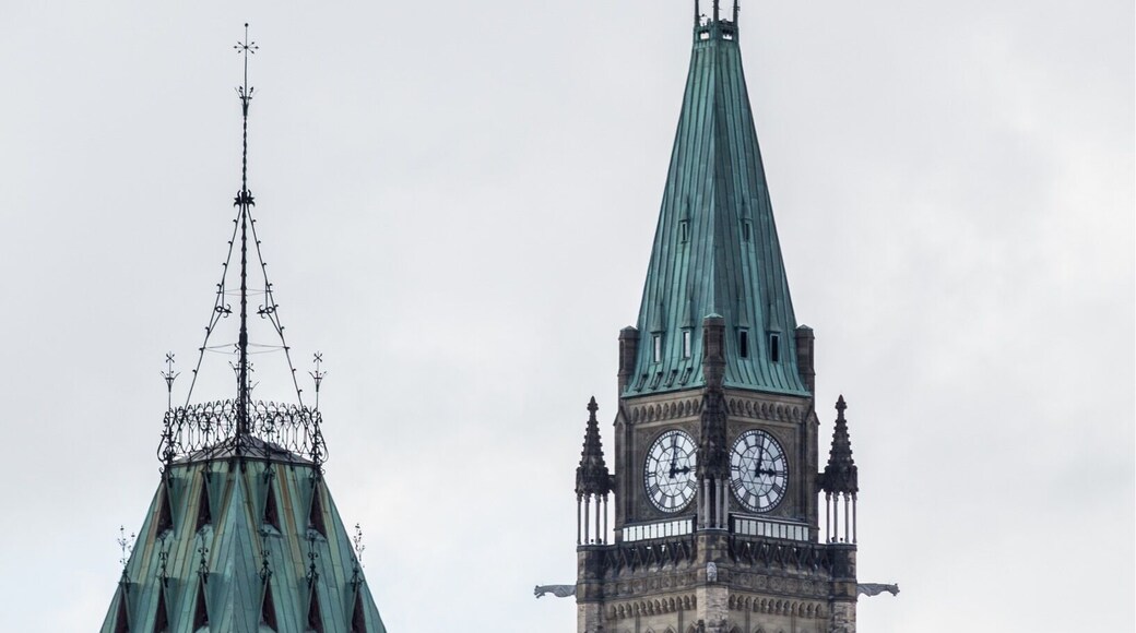 Peace Tower of Parliament Hill viewed from the Rideau Canal Skateway.