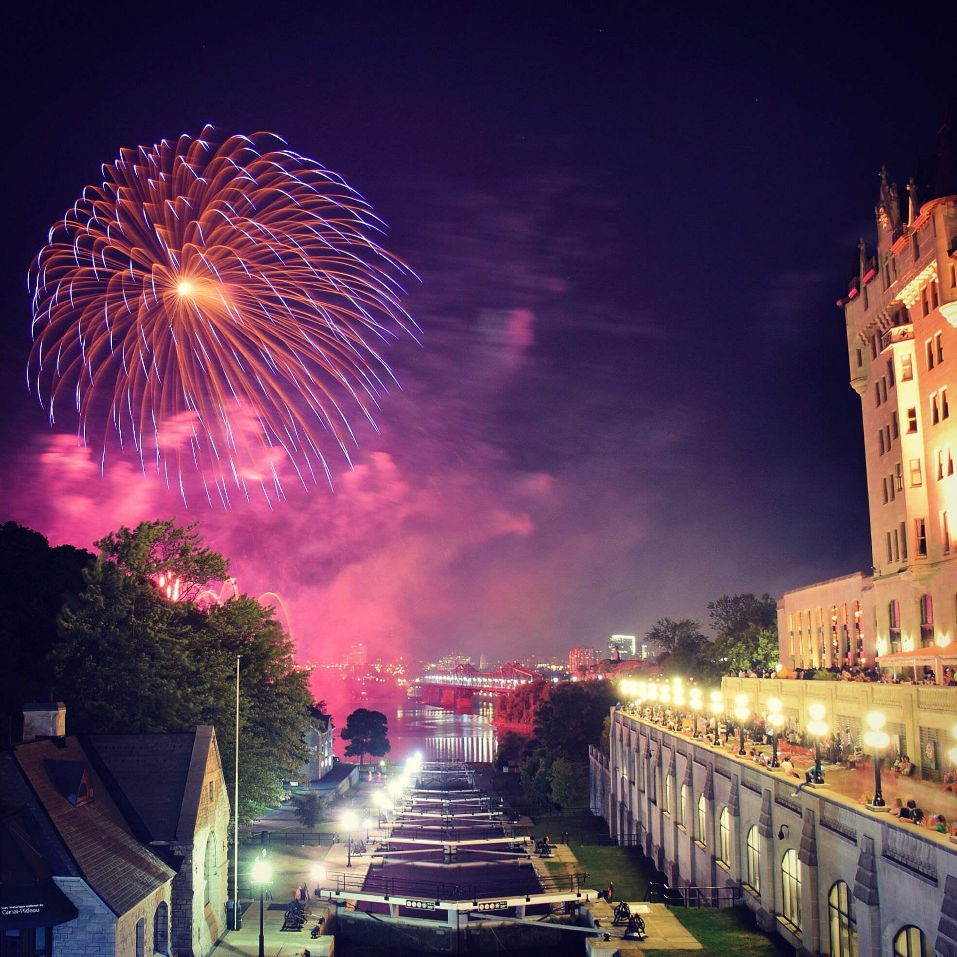Every year, there is an international fireworks competition on the Ottawa River.  It results in some incredible views over the Rideau Canal locks and our castle hotel, the Chateau Laurier.  Many great vantage points in the National Capital Region.  #lovemytown