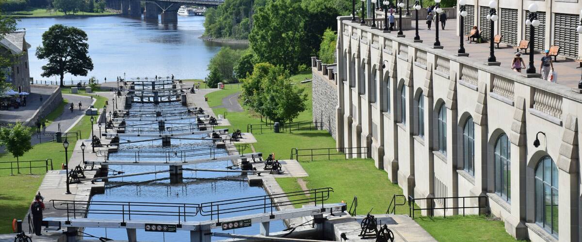 The locks beside the Chateau Laurier (on the right) allow boats to get from the Rideau Canal to the Ottawa River. The locks work the same way they did when the Canal was built in 1832, by 'flushing' the boats down to the river. The Canal was recently named a UNESCO World Heritage Site.