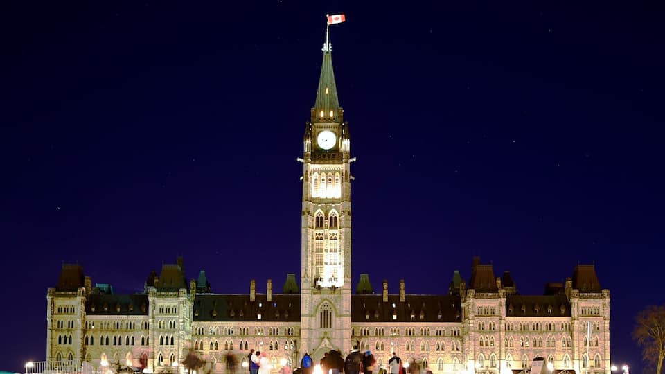 A historic building with a clock tower and a flag.