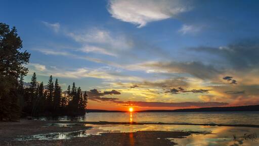 lake and red sunset glow, sun rays, black silhouettes of trees and reflection