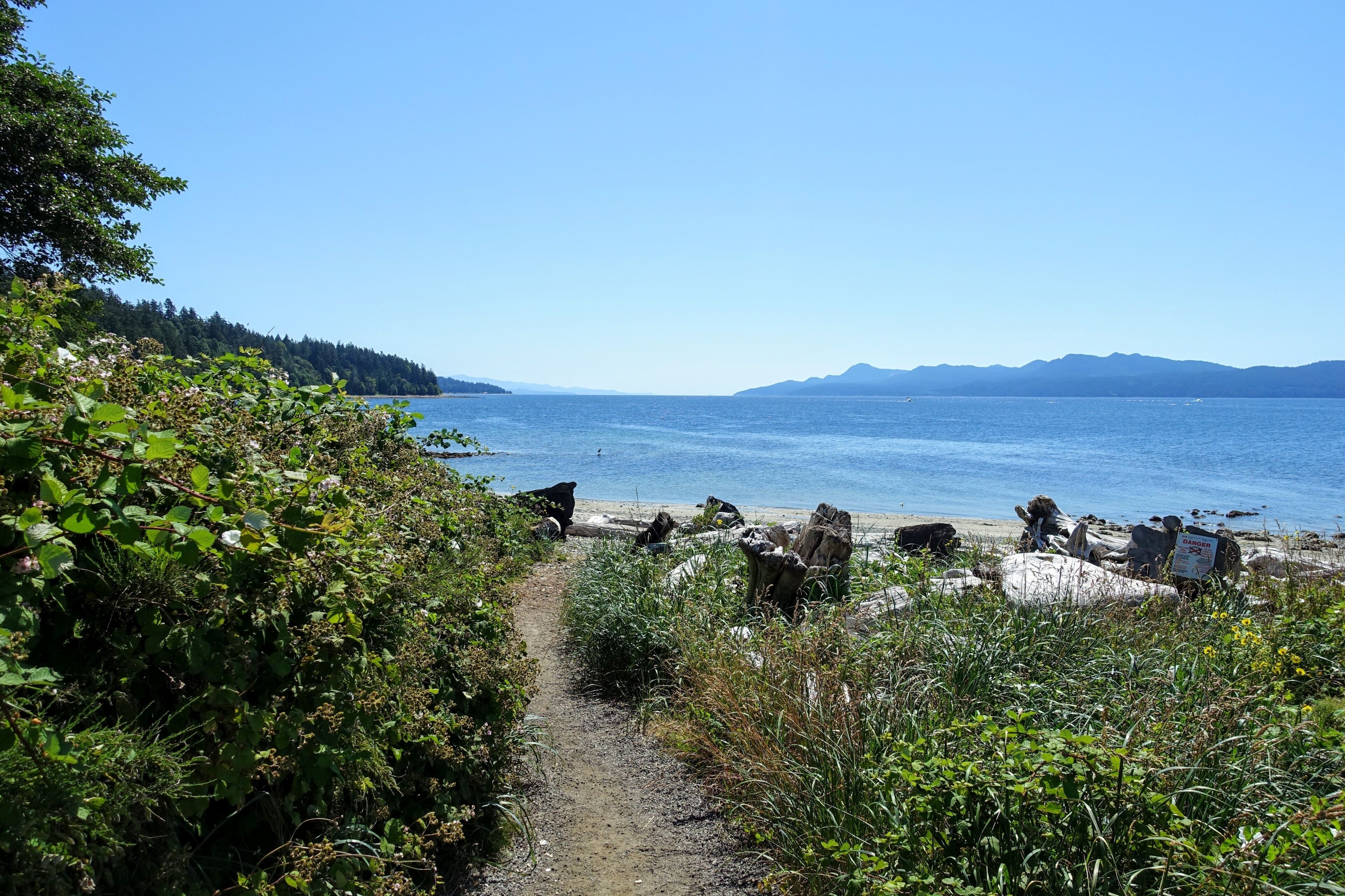 A path or trail leading towards a beautiful beach with the glistening blue ocean in the background on a beautiful sunny day outside Powell River, British Columbia, Canada.