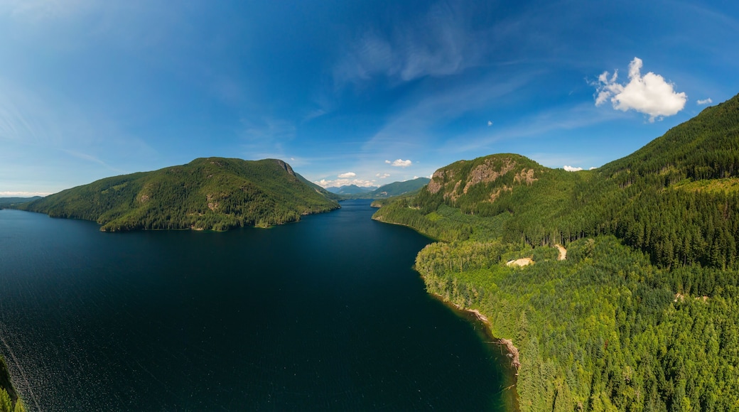 Aerial Panoramic View of Canadian Mountain Landscape during a sunny summer day. Taken near Powell River, Sunshine Coast, British Columbia, Canada.