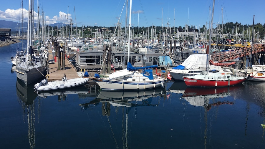 The pleasure craft harbour at Comox. Comox is a lovely town of about 15,000 people on the southern coast of the Comox Peninsula in the Georgia Strait on the eastern coast of Vancouver Island, British Columbia. The town has become a popular tourist attraction due to its good fishing, local wildlife, year-round golf and proximity to the Mount Washington ski area, the Forbidden Plateau, and Strathcona Provincial Park.