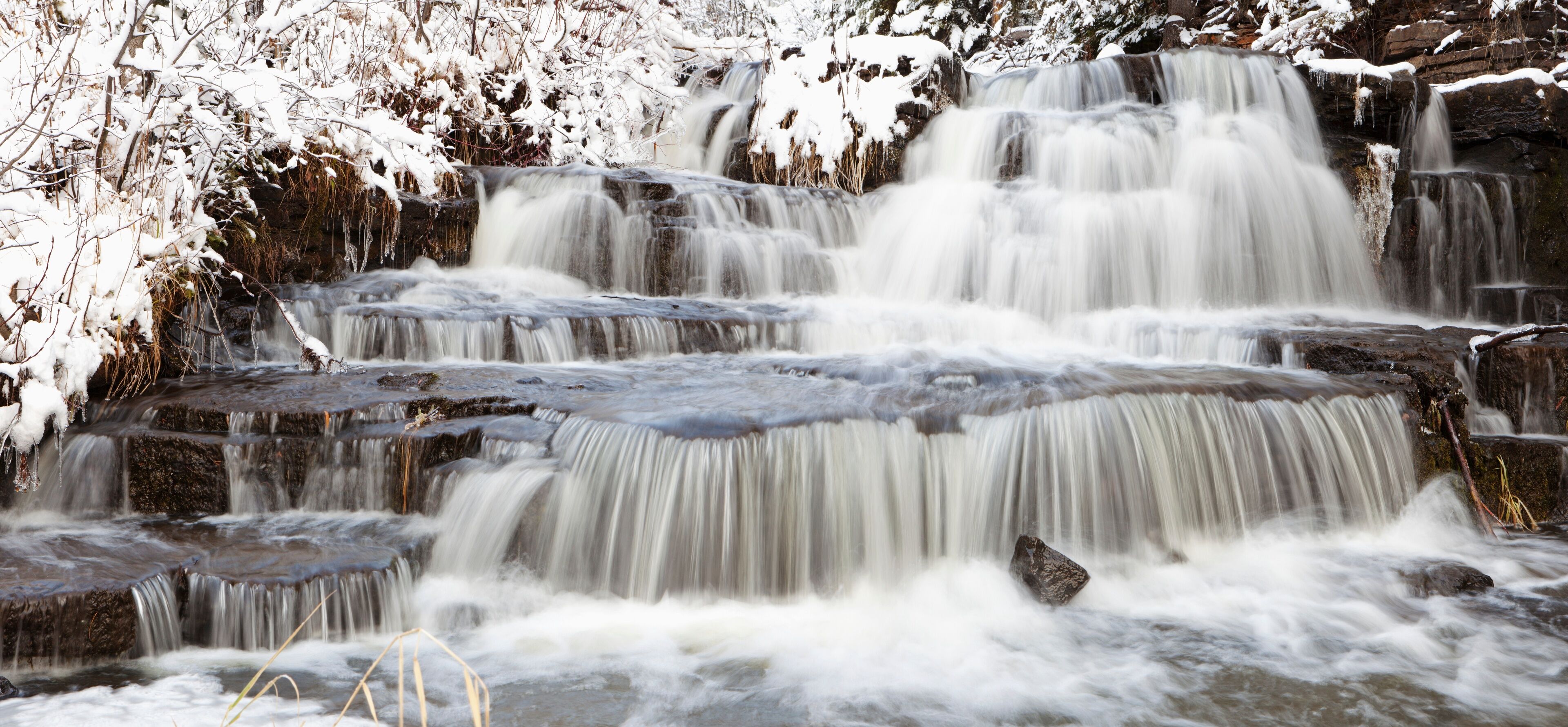 Waterfalls With Fresh Snow; Thunder Bay, Ontario, Canada
