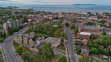 Aerial view of Thunder Bay with historic buildings and Lake Superior.