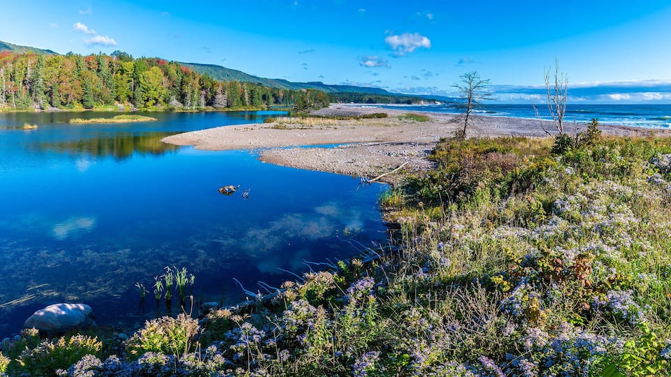 A lake with a rocky shoreline, surrounded by forest and mountains.