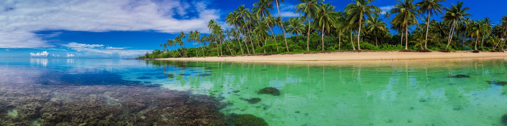 Beach with coral reef on south side of Upolu, Samoa Island with palm trees