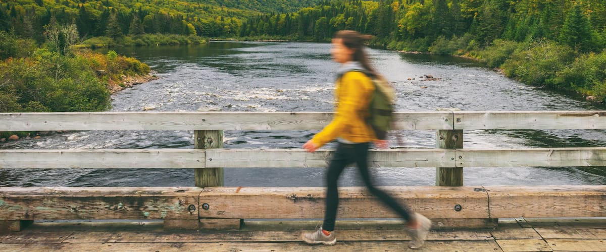 A wooden bridge over a river with a forested landscape in the background.