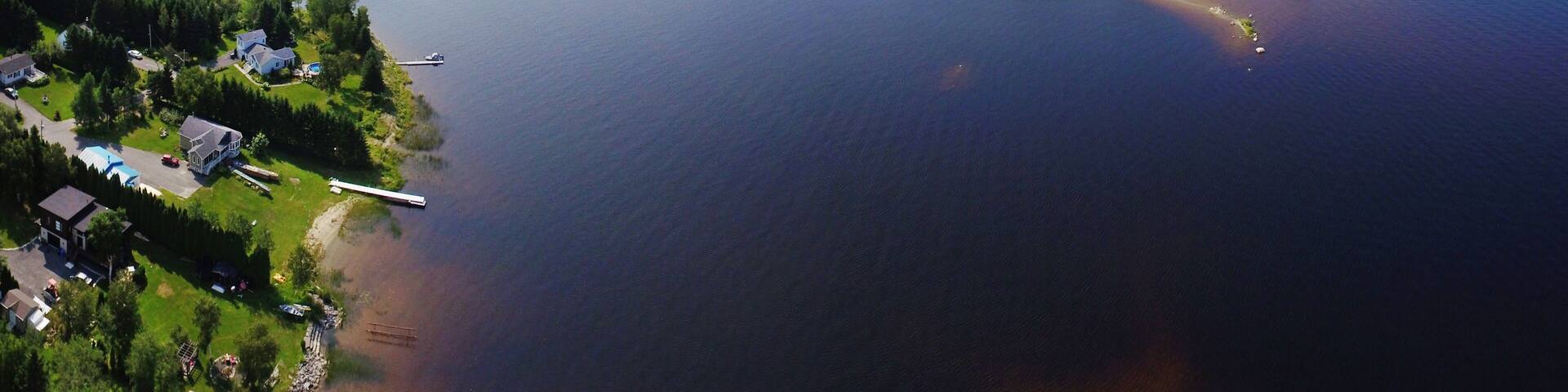 Aerial view of river mouth with small islands