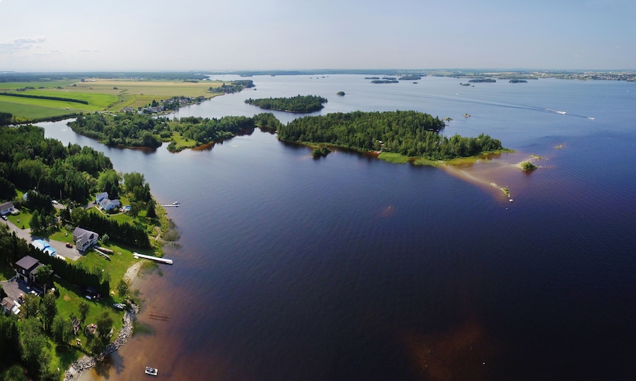 Aerial view of river mouth with small islands