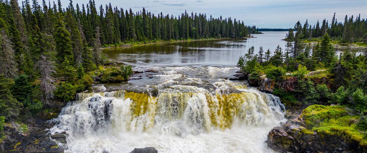 Aerial of the Pisew Falls Provincial Park, Thompson, Manitoba, Canada