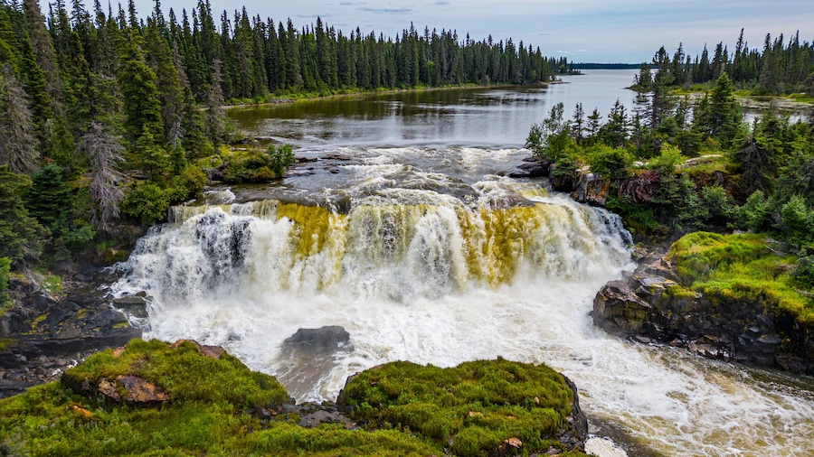 Aerial of the Pisew Falls Provincial Park, Thompson, Manitoba, Canada