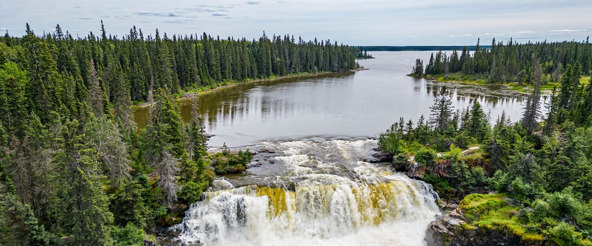 Aerial of the Pisew Falls Provincial Park, Thompson, Manitoba, Canada