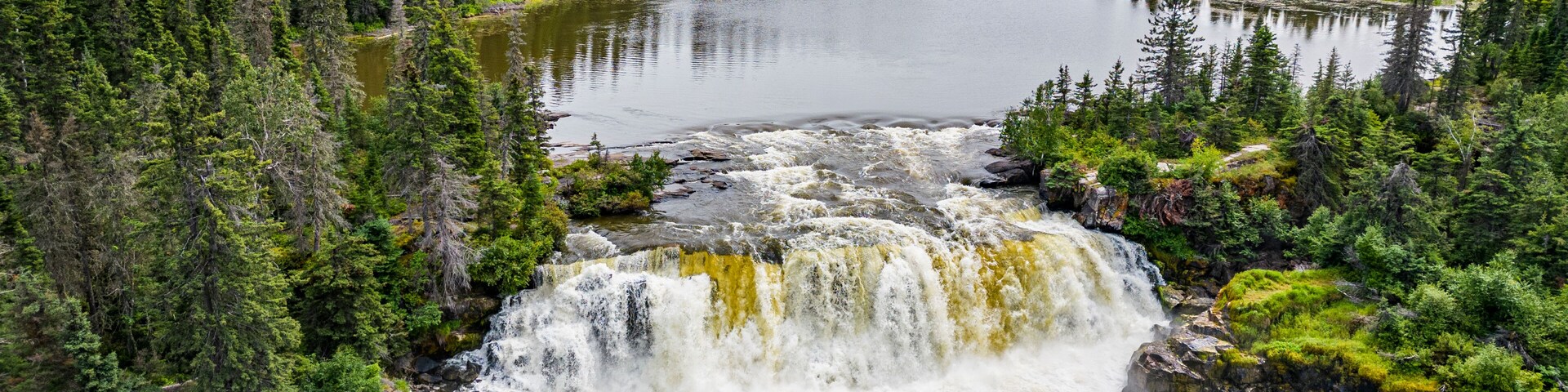 Aerial of the Pisew Falls Provincial Park, Thompson, Manitoba, Canada