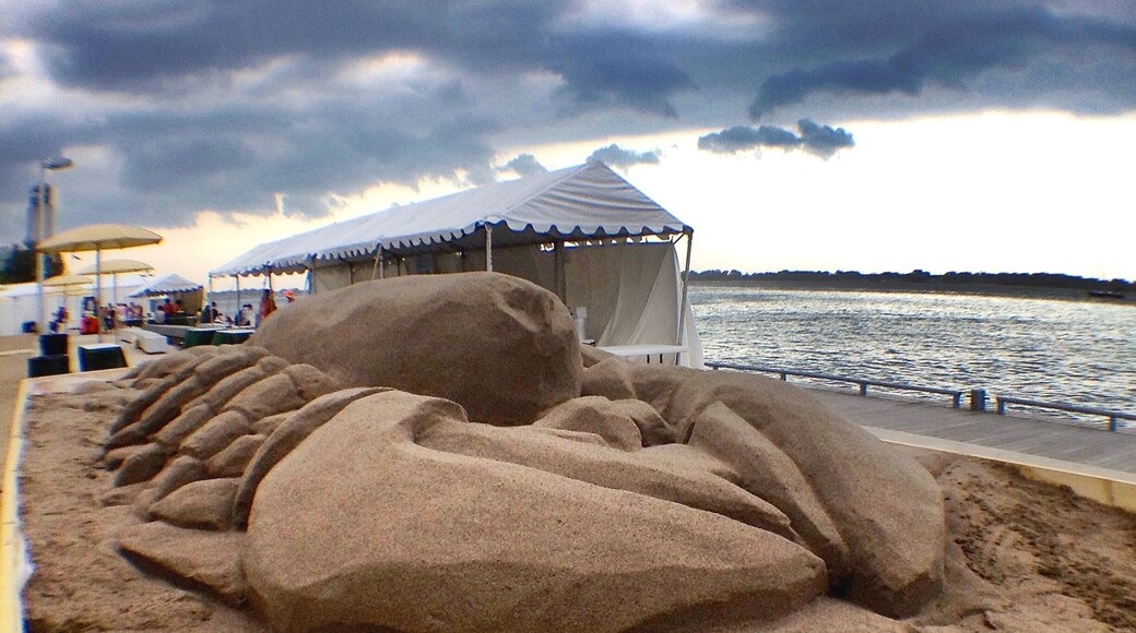 Located in Toronto's Inner Harbour, this unique park includes a long sand Urban Beach extending along the water's edge, stationary yellow shade umbrellas and Muskoka chairs. Stylized as HTO, the name is word play between the chemical element of water, H2O, and the common abbreviation for Toronto, TO.
#Toronto #Canada #Ontario #beach #sandsculpture #Harbourfront #BeachTips