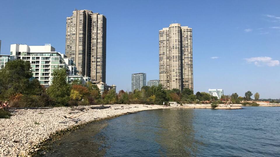 A riverbank with pebbles and a clear blue sky. In the background, there are tall buildings and trees.