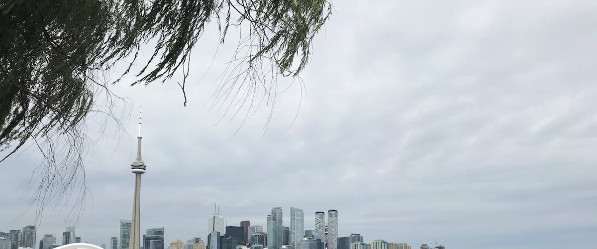 A city skyline with a prominent tower and a white dome structure by the waterfront.