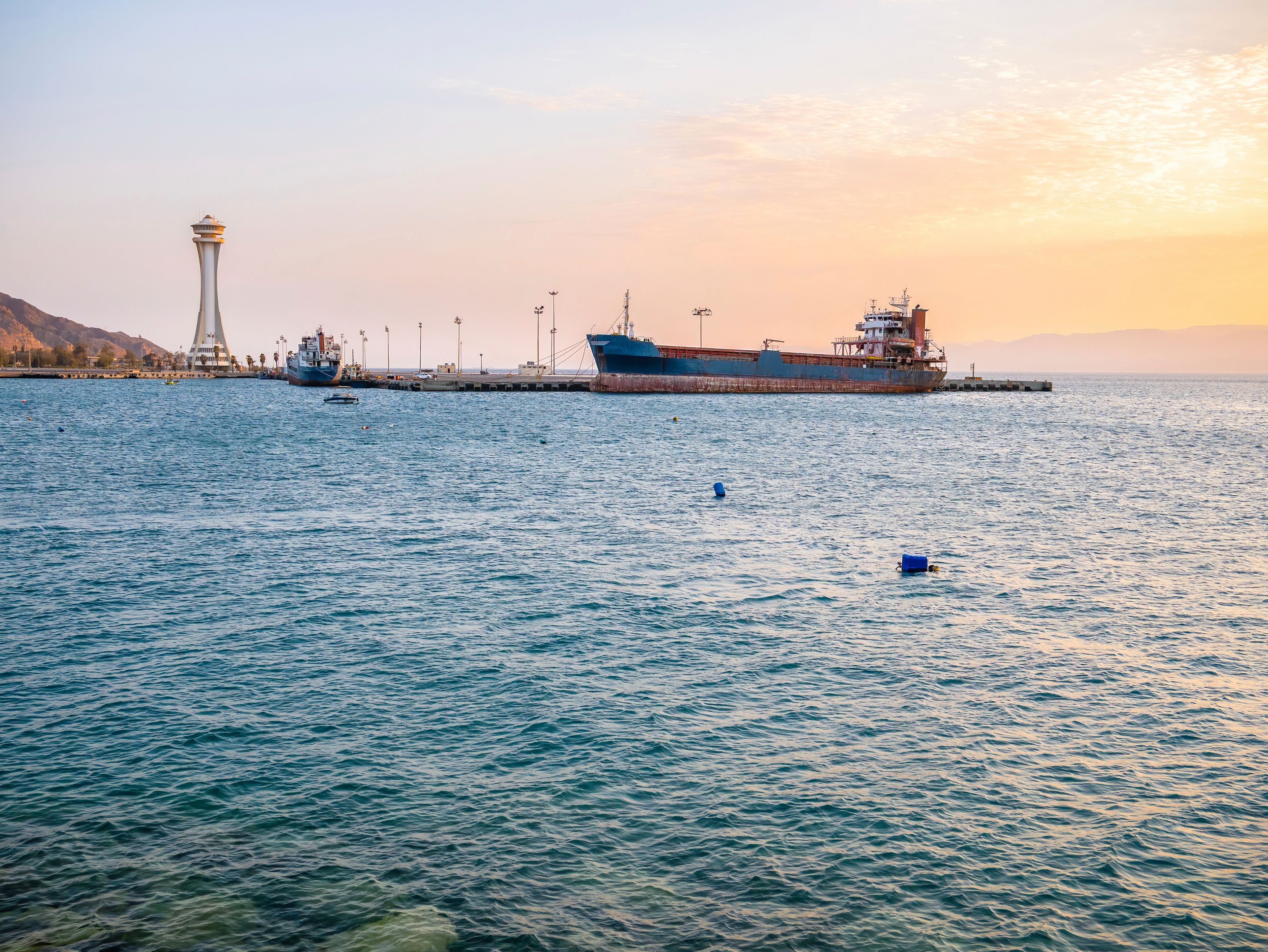 Un gran carguero amarrado en un muelle, con una torre al fondo.