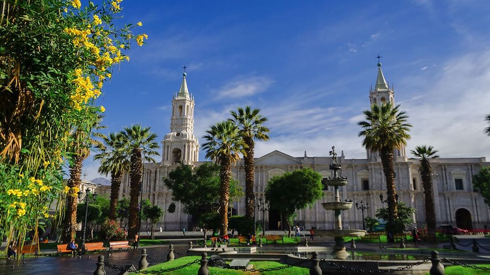 Plaza de armas cathedral. Also made of volcanic sillar.