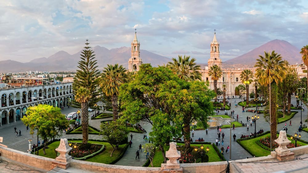 The main square of Arequipa on the background of the volcano El Misti