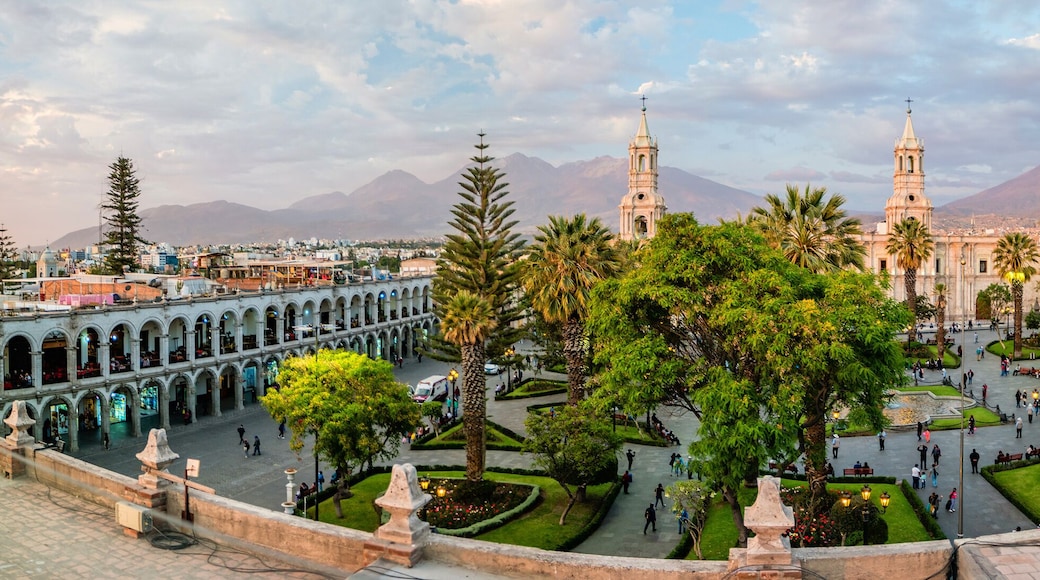 The main square of Arequipa on the background of the volcano El Misti