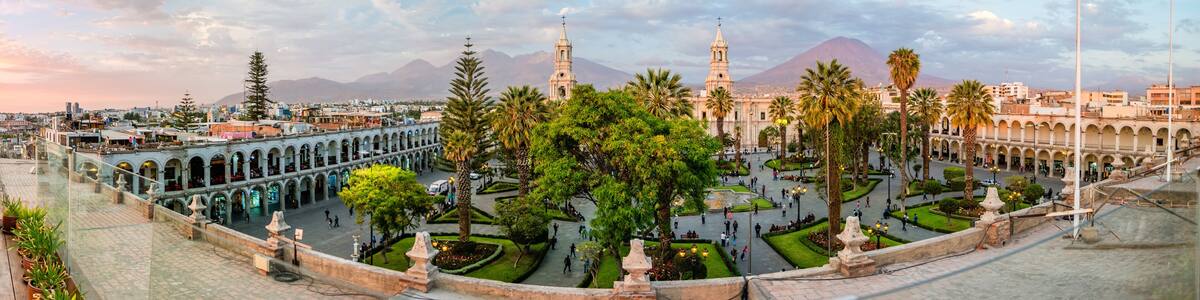 The main square of Arequipa on the background of the volcano El Misti