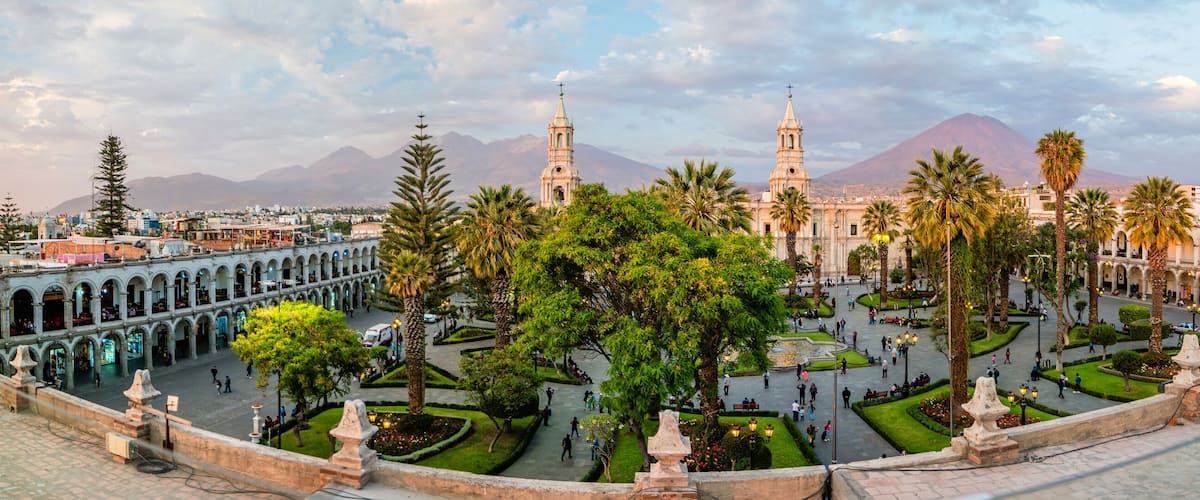 The main square of Arequipa on the background of the volcano El Misti