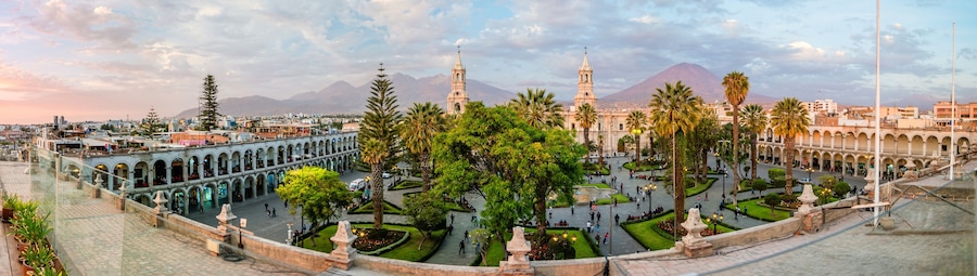The main square of Arequipa on the background of the volcano El Misti