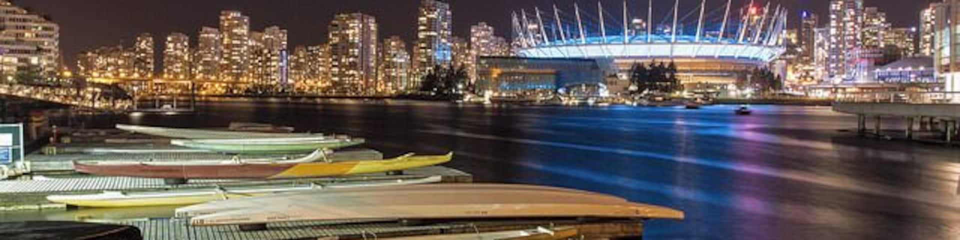 A waterfront with boats docked, a city skyline, and a stadium with lights.