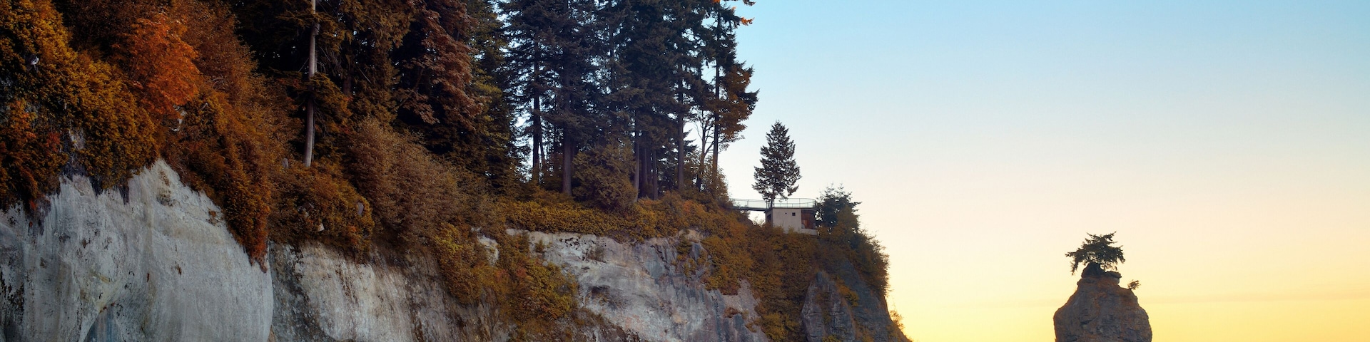 A coastal road with a rocky shoreline, a cliff with trees, and a prominent rock formation in the water.
