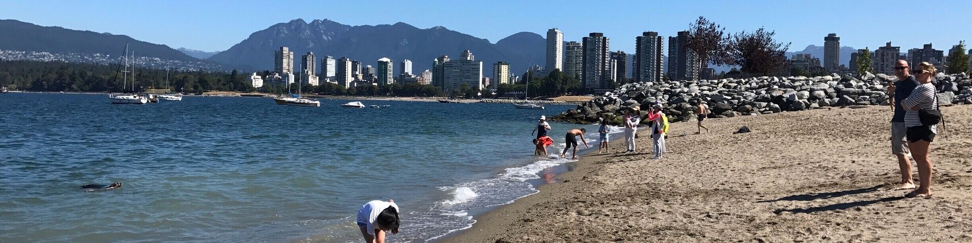 Una playa con gente, un horizonte urbano y montañas al fondo.