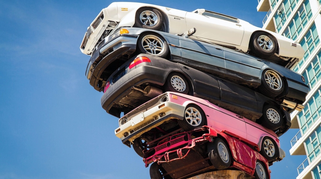 Trans Am Totem stands at the eastern end of False Creek, near the intersection of Quebec Street and Pacific Boulevard in Vancouver (near Telus World of Science).
The “totem” theme is an allusion to Vancouver’s First Nations legacy. As recently as 150 years ago, the area around False Creek was tidal flats and pristine old growth forest. A Squamish village stood at the mouth of the inlet and nearby were Musqueam and Tsleil-Watuth communities.
This is part of the Vancouver Biennale, the city’s biannual public art exhibition.
#localsecrets