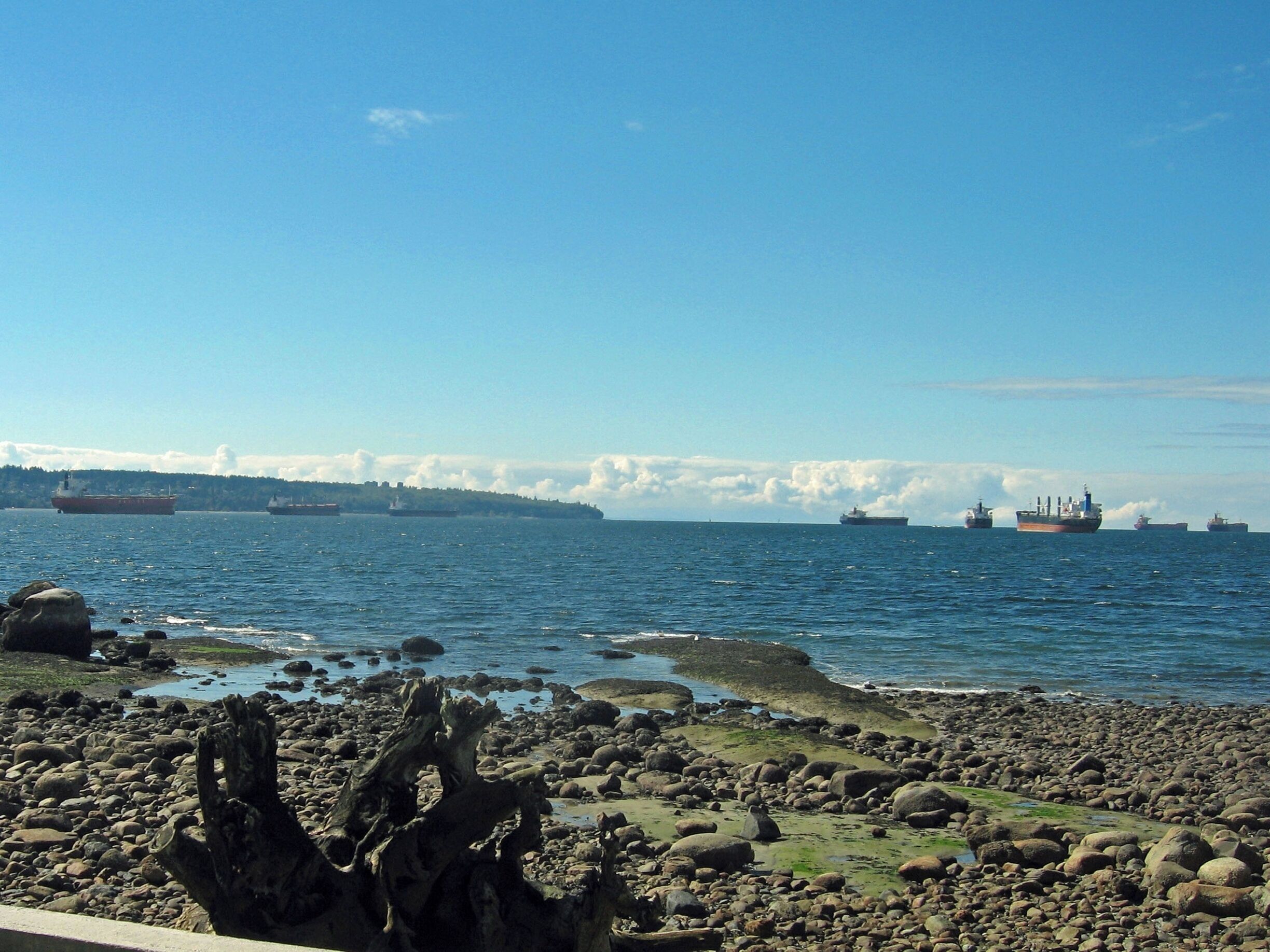 English Bay serves as an anchorage for ships waiting to enter Vancouver Harbour.