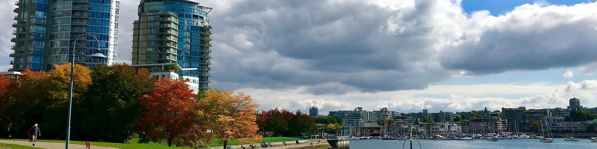 A waterfront promenade with modern buildings, a clear sky, and autumn foliage.