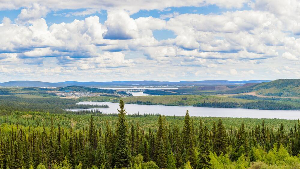 A mountainous landscape with dense forests, a lake, and a distant town.