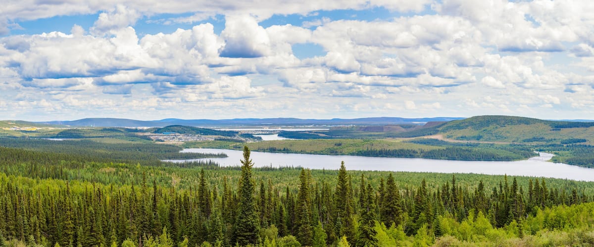 A mountainous landscape with dense forests, a lake, and a distant town.