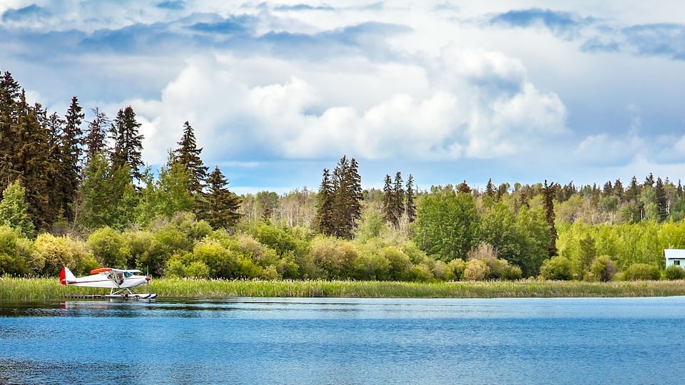Dugan Lake at Williams Lake British Columbia Canada on June 13, 2018. Hydroplane in the lake