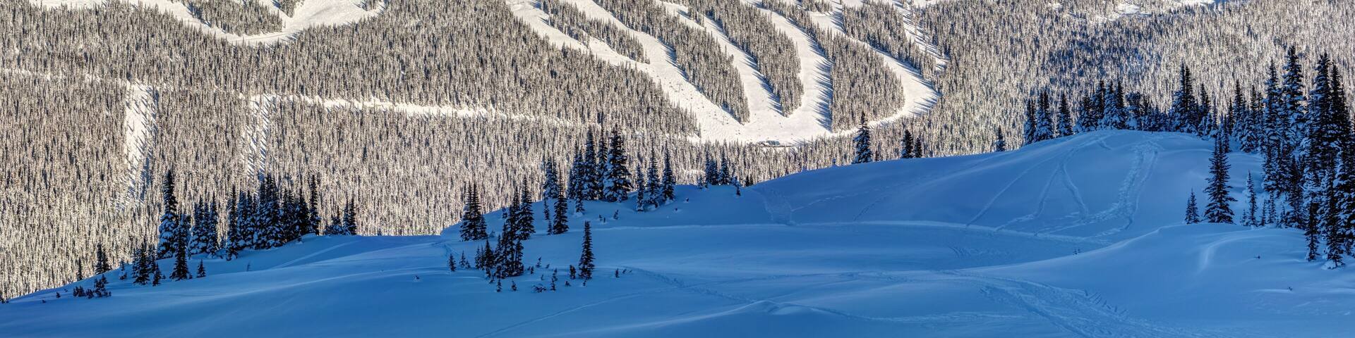 A snow-covered mountain range with a ski trail.