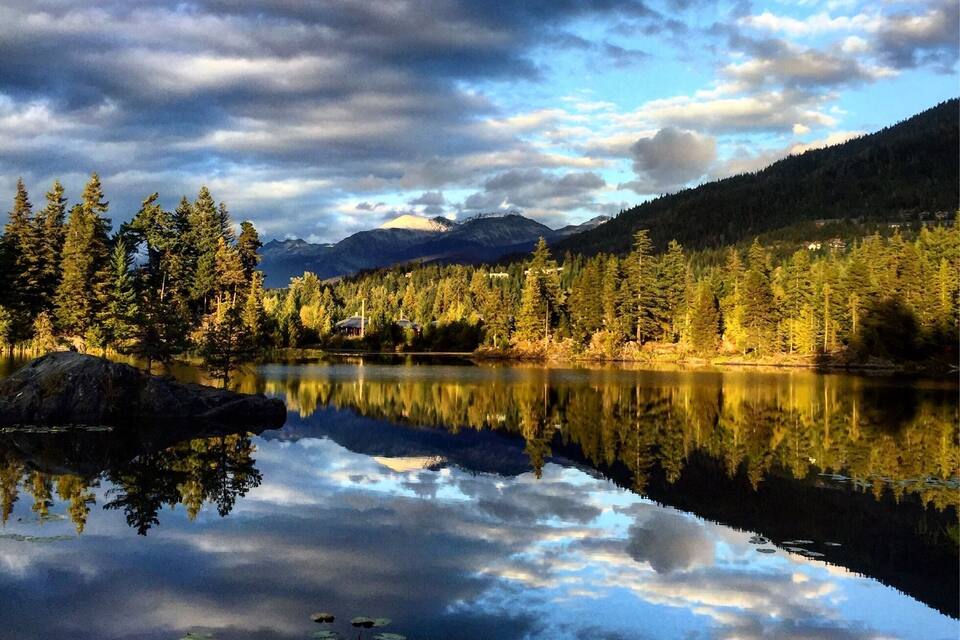 A calm lake reflecting trees and mountains under a cloudy sky.