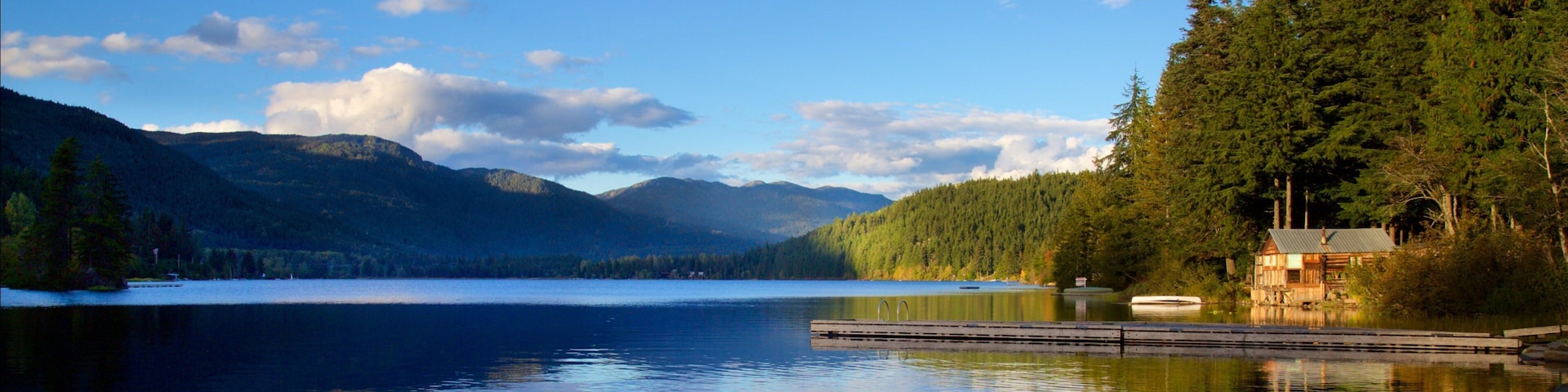 Estación de esquí de Whistler ofreciendo vista panorámica, un lago o espejo de agua y imágenes de bosques