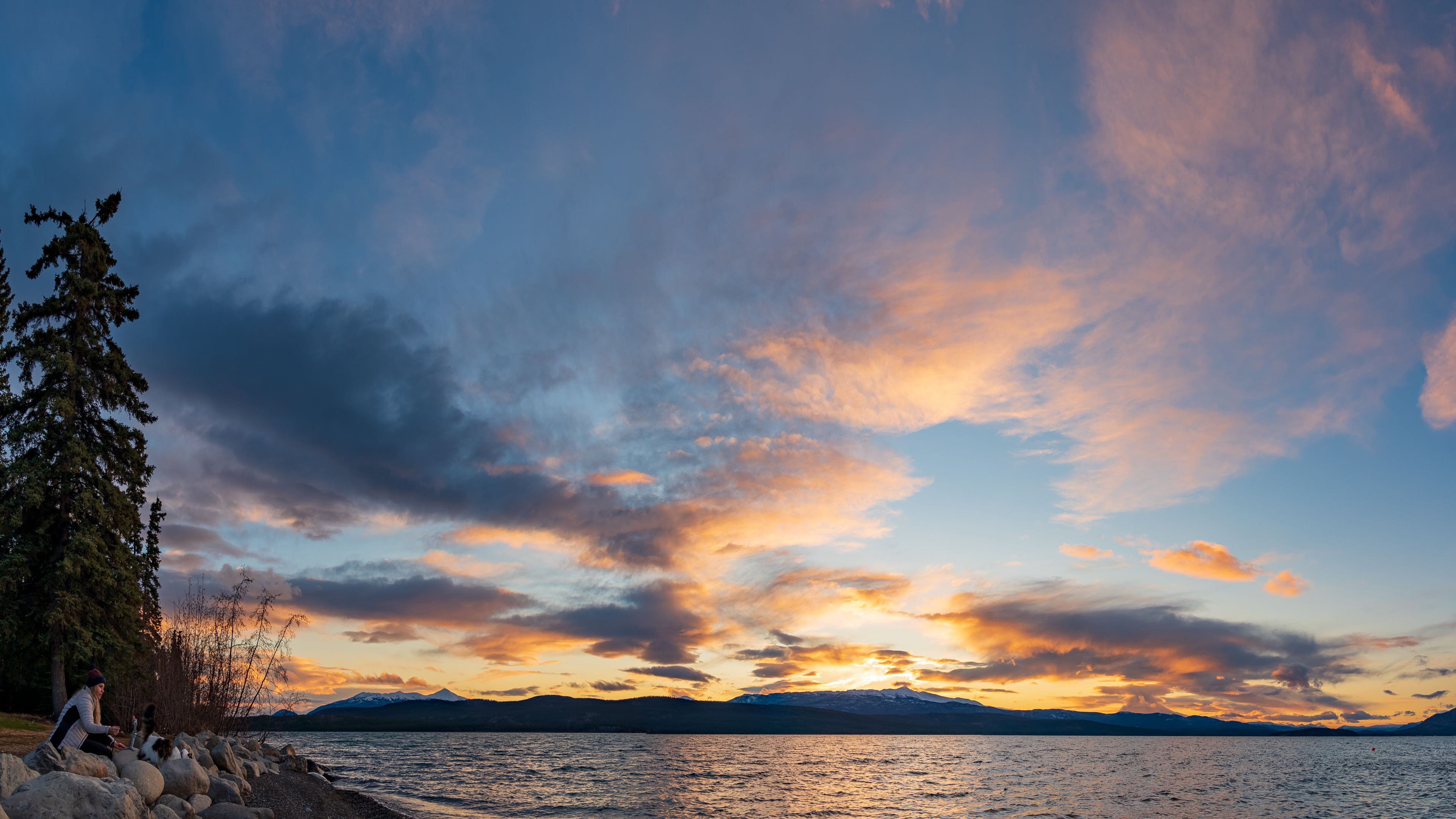 Canadian scenery at sunset with pink, purple hues and pastel colors with cloud moving across the sky. Large lake below and rocky lakeshore with tourist woman and pet cat. 
