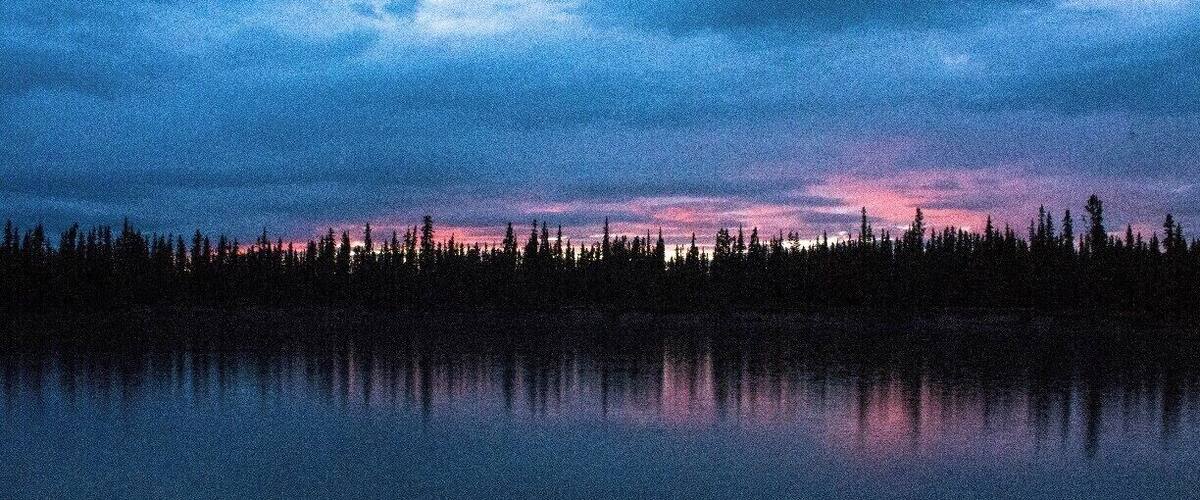 A calm lake reflecting a forest at dusk with a sky transitioning from blue to pink hues.