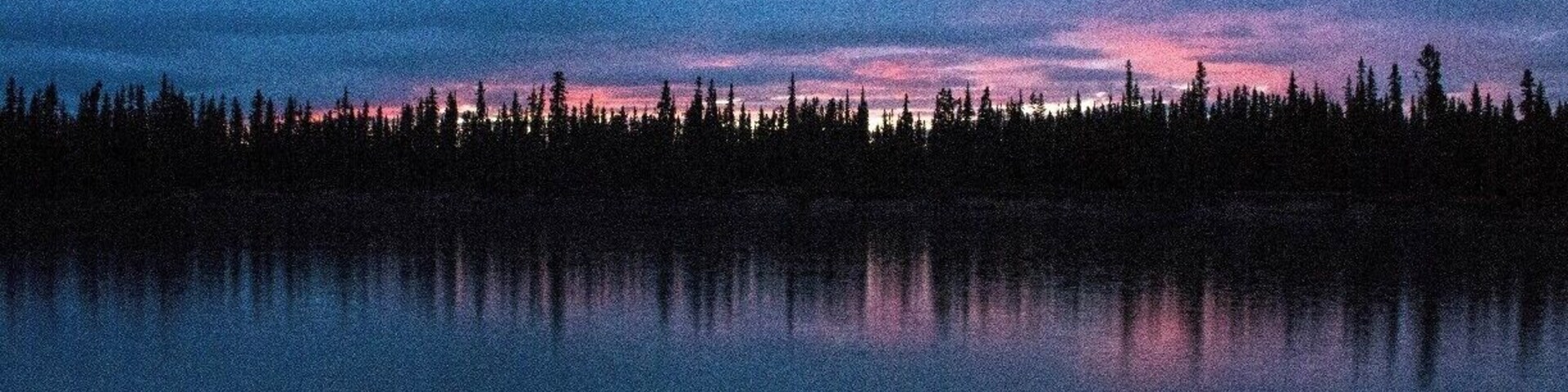 A calm lake reflecting a forest at dusk with a sky transitioning from blue to pink hues.