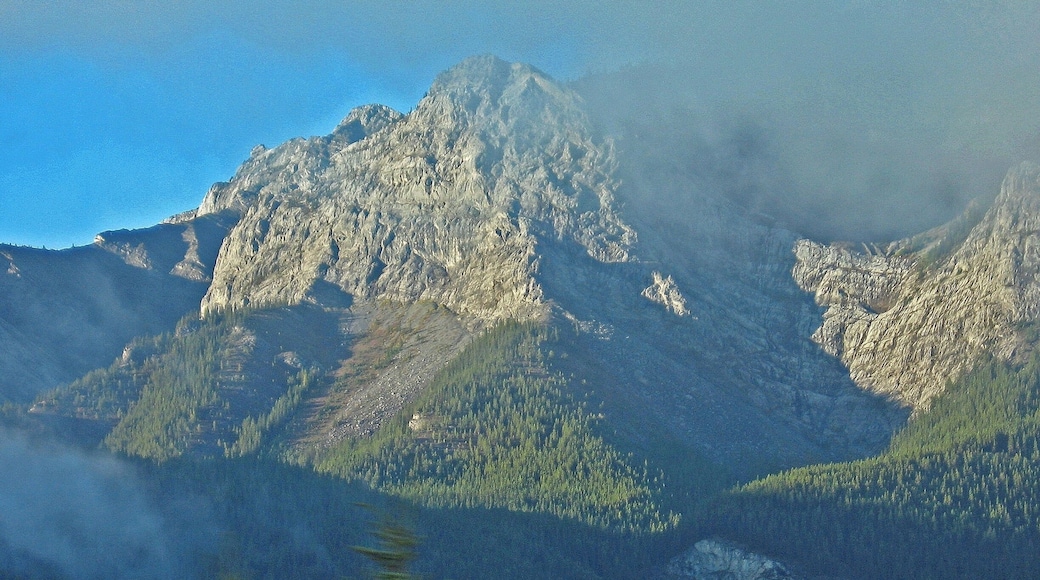 First early morning view of The Canadian Rockies from The Rocky Mountaineer between Calgary and Banff