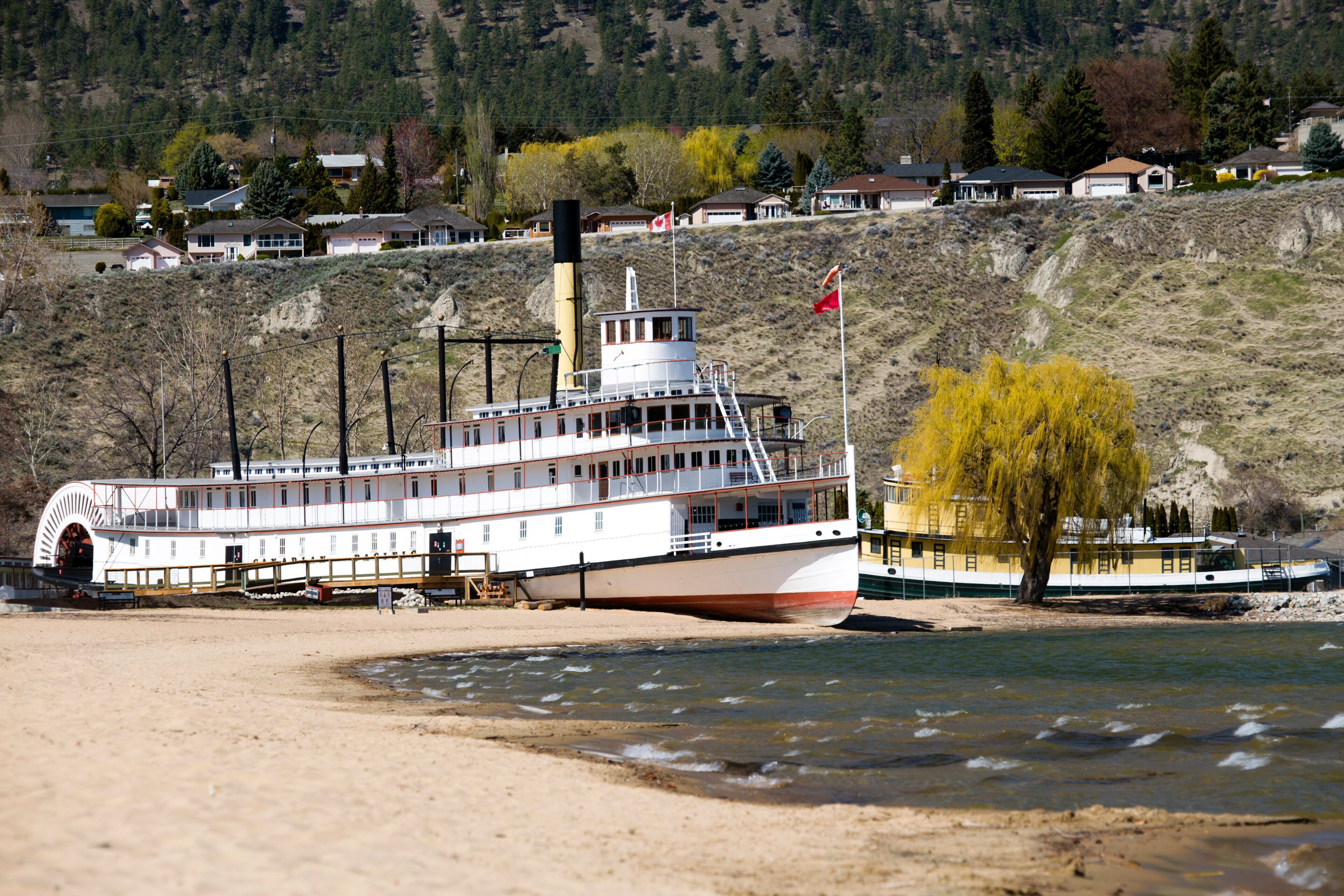 A riverboat docked at a sandy shore with a backdrop of houses and a hill.
