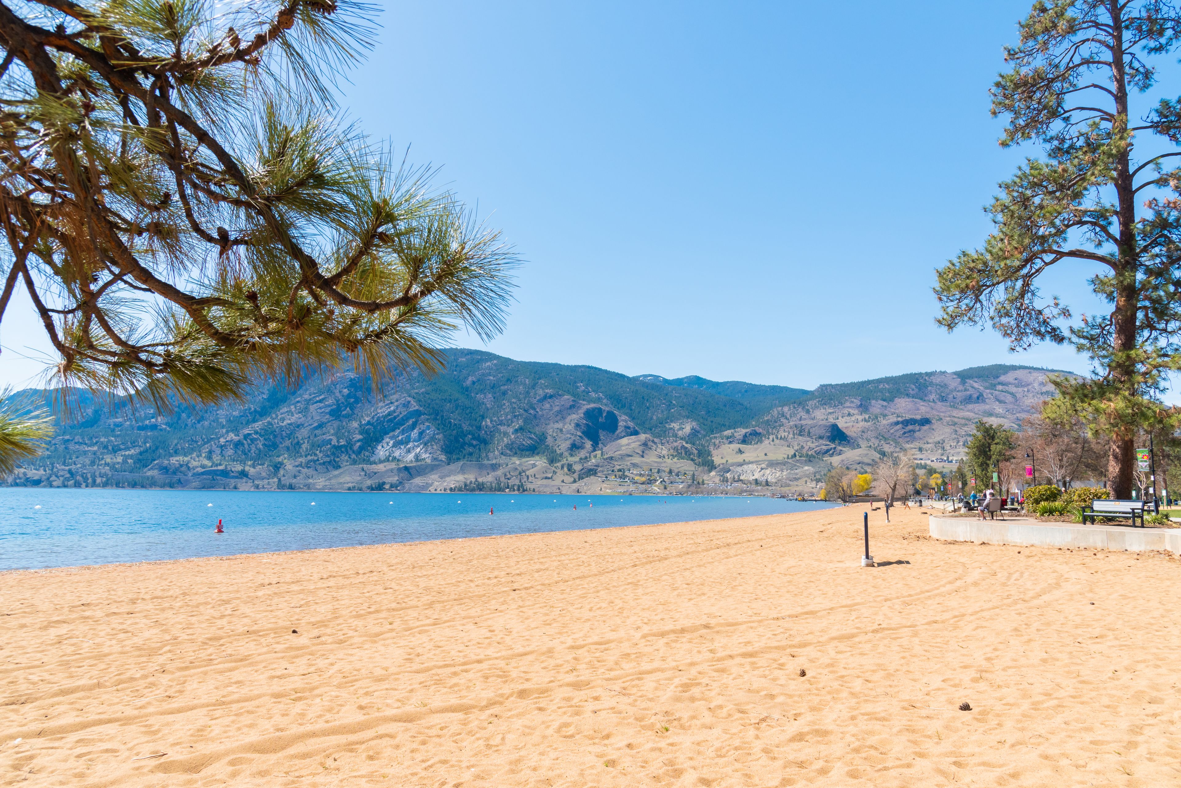 A sandy beach with a clear blue lake, surrounded by mountains and trees.