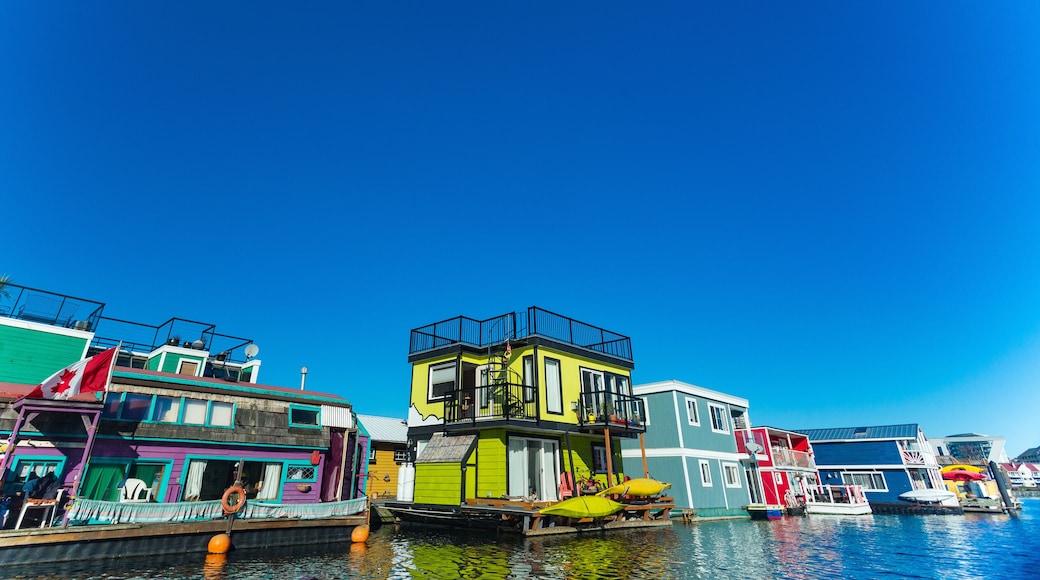 Floating Home Village colorful Houseboats Water Taxi Fisherman's Wharf Reflection Inner Harbor, Victoria British Columbia Canada Pacific Northwest. Area has floating homes, piers, restaurants.