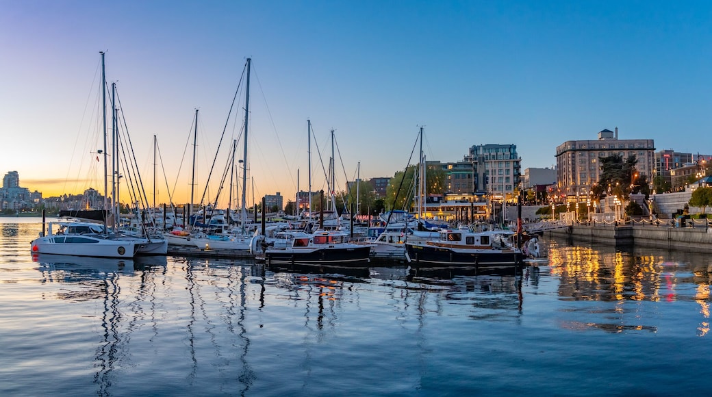 Panorama of Fairmont Empress Hotel and Inner Harbour at evening in Victoria, Canada
