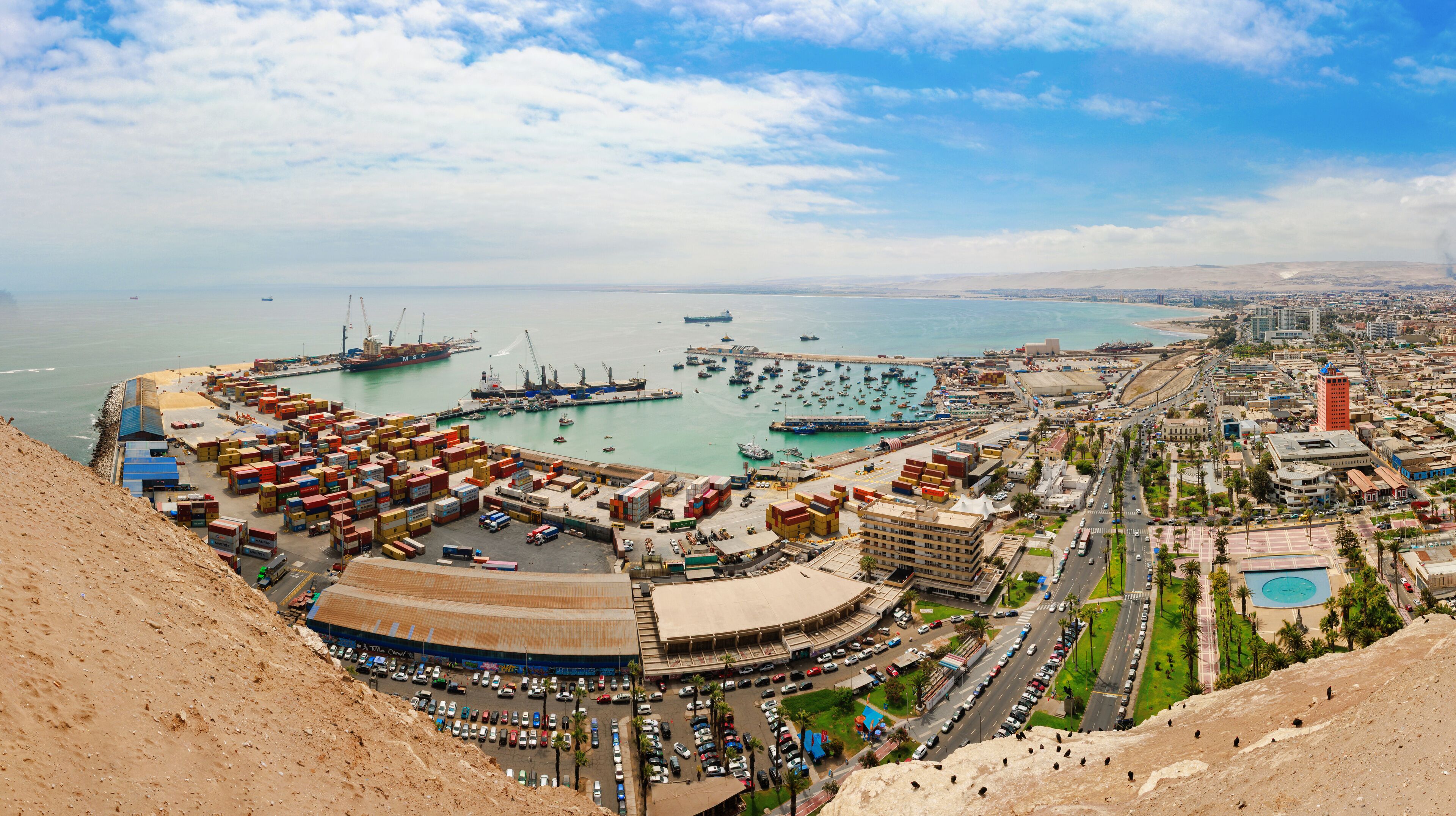 Panoramic aerial view of the city and port of Arica, Chile. 